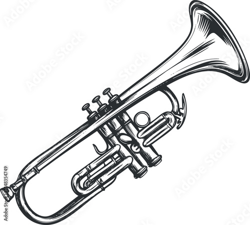 Detailed black and white illustration of a brass trumpet musical instrument with valves and tubing designed for performance.