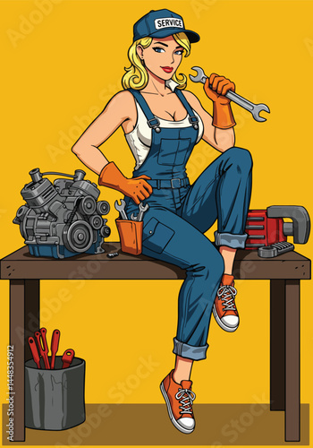 Adobe Illustrator Artwork Confident blonde pinup mechanic in overalls, holding a wrench, rendered in a bold flat vector pop art style against a vibrant yellow backdrop