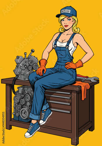 Adobe Illustrator Artwork Confident blonde pinup mechanic in overalls, holding a wrench, rendered in a bold flat vector pop art style against a vibrant yellow backdrop
