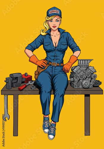 Adobe Illustrator Artwork Confident blonde pinup mechanic in overalls, holding a wrench, rendered in a bold flat vector pop art style against a vibrant yellow backdrop