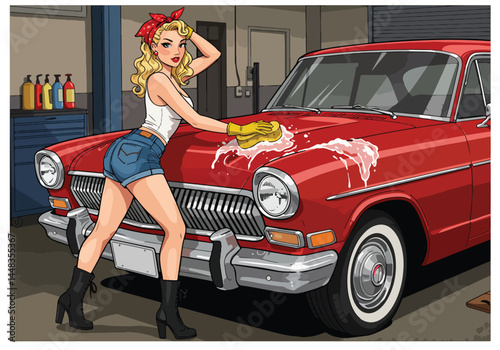 Adobe Illustrator Artwork Charming pin-up girl in red bandana and denim shorts, lovingly washing a vintage car in a vibrant, flat vector pop art style garage scene
