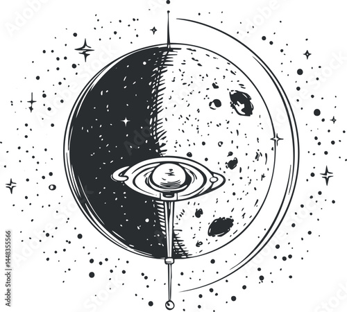 Black and white artistic illustration of the moon with craters and stars in space showing lunar phases and orbit