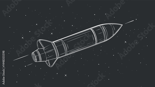 Black and white sketch of a rocket flying through space with stars in the background