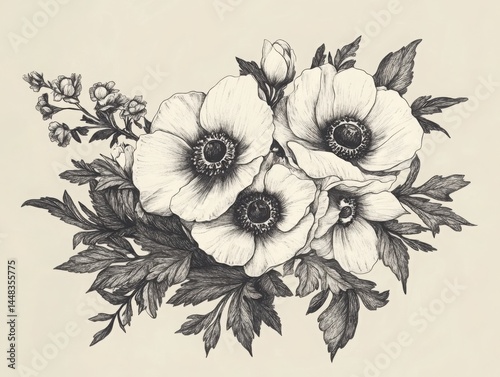 Vintage botanical illustration of an anemone wedding bouquet with intricate hand-drawn floral details, fine leaves and petals in elegant monochrome style, timeless nature-inspired design concept
