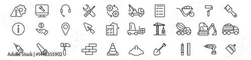 Line icons about construction. Contains such icons as architecture, workers, material, tools and construction vehicles. Editable stroke Vector