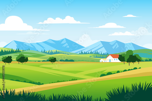 Road to the farm among green fields and meadows, mountains and hills. Vector illustration of eco life on the farm. Landscape of fields and meadows on the background of mountains.