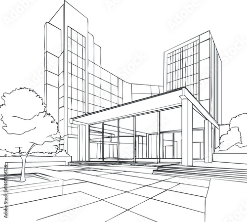 Black and white line drawing of a modern urban office building with glass facade and surrounding landscape