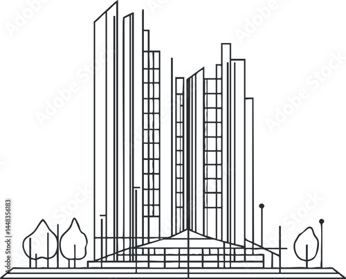 Outline lineart drawing of a modern city skyline with skyscrapers trees and streetlights