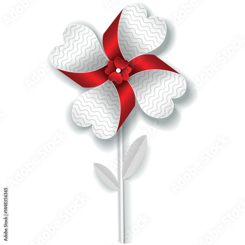 Flower pinwheel vector. Origami wind mill with rotate petal blade. Paper toy windmill fan icon isolated on white background