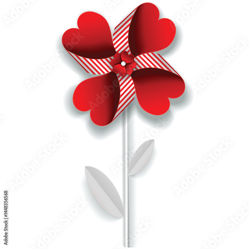 Red flower pinwheel vector. Origami wind mill. Paper toy windmill fan with rotate petal blade icon isolated on white background