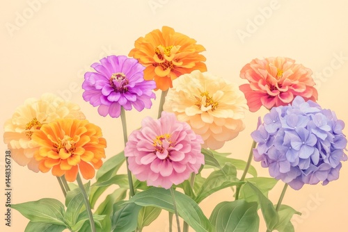 Vibrant flower bouquet in pastel shades on a light background.