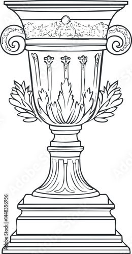 Black and white line illustration of an ornate classical decorative vase or urn with floral and leaf patterns on a pedestal