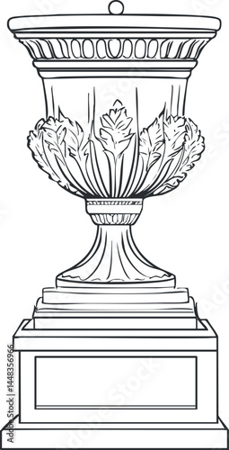 Ornate classical urn with carved leaf patterns on pedestal, decorative antique sculpture