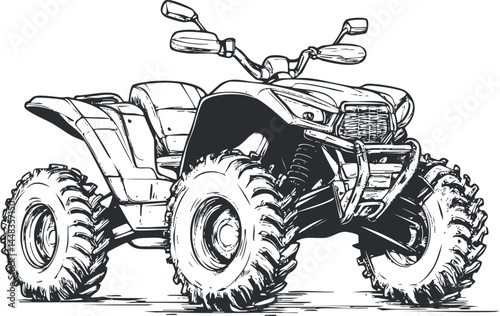 Detailed black and white illustration of an all-terrain vehicle quad bike for offroad adventure and outdoor recreation