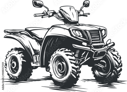 Black and white detailed illustration of an offroad all terrain vehicle with four large tires and handlebars
