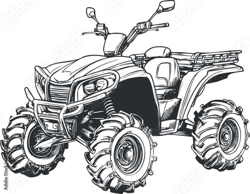 Black and white sketch illustration of an all terrain vehicle ATV quad with large tires and handlebars