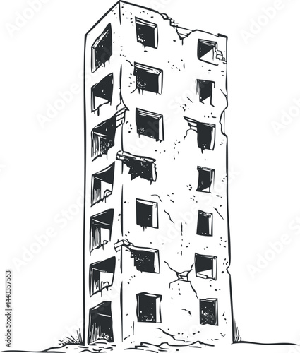 Black and white illustration of a tall abandoned building in ruins with cracked walls and broken windows
