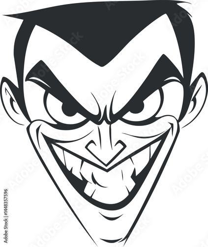 Black and white cartoon illustration of an evil face with a menacing grin and sharp features