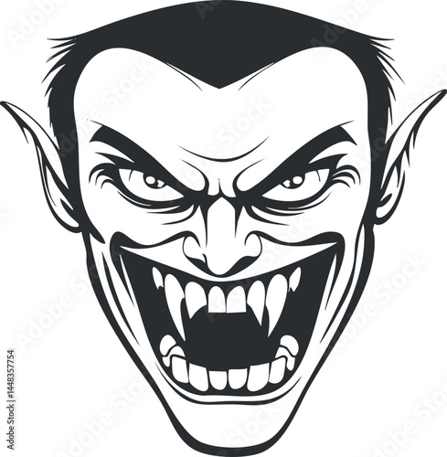 Illustration of a scary vampire face with sharp fangs and pointed ears showing an evil grin and intense eyes