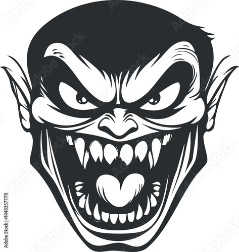 Black and white illustration of a scary monster face with sharp fangs and an evil grin