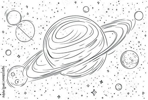 Black and white line art illustration of a planet with rings surrounded by moons and stars in space