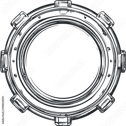 Hand-drawn vintage ship porthole window illustration with metal frame and rivets
