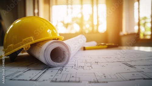 Construction Site Plans: Blueprint and Safety Helmet