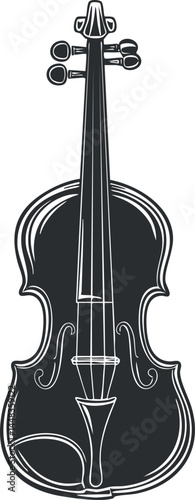 Black and white illustration of a violin musical instrument with strings and tuning pegs