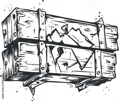 Black and white illustration of a wooden shipping crate with reinforced metal bands and a worn texture isolated on white background