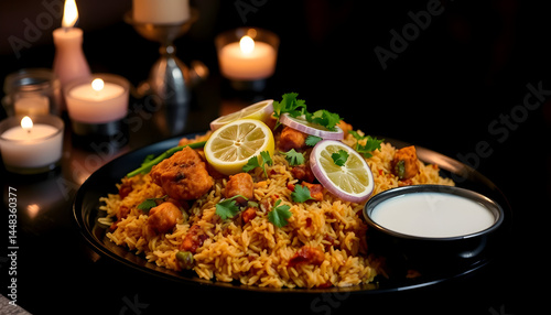 Aromatic Chicken Biryani with Lemon and Yogurt, Garnished with Fresh Cilantro, Served on a Black Plate.  photo