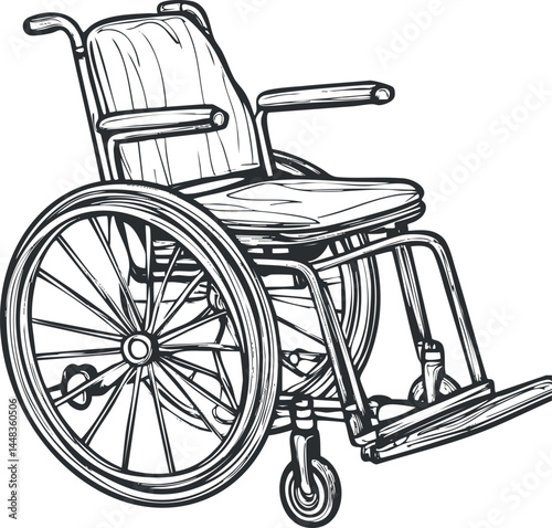 Black and white sketch of a manual wheelchair showing detailed wheels, seat, armrests, and footrest for mobility aid.