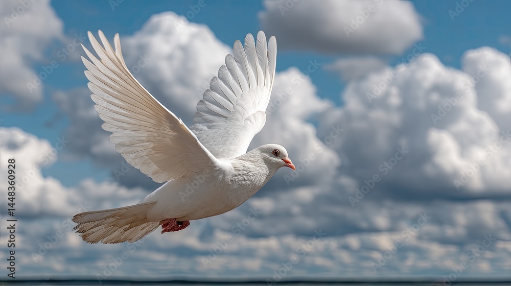 Fototapeta premium A white dove soars through the dreamy pastel blue sky, embodying peace and tranquility against soft white clouds