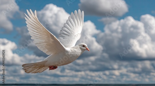 A white dove soars through the dreamy pastel blue sky, embodying peace and tranquility against soft white clouds