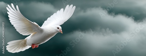 A white dove glides elegantly against a calming blue sky adorned with soft clouds, symbolizing peace and freedom