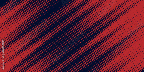 Red halftone dots blue color pattern gradient grunge texture background. Dot pop art comic sport style vector illustration