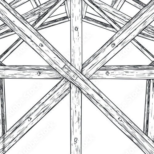 Detailed black and white illustration of intersecting wooden beams forming a structural framework pattern.