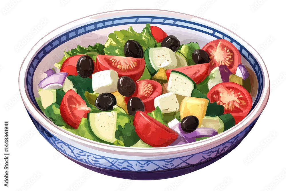 Isolated Greek Salad with Olives in Patterned Bowl Isolated Greek Salad with Olives in Patterned Bowl