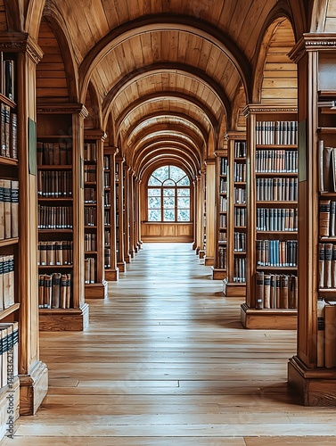 Hallway of Books in Classic Library Interior with Arched Wooden Ceiling