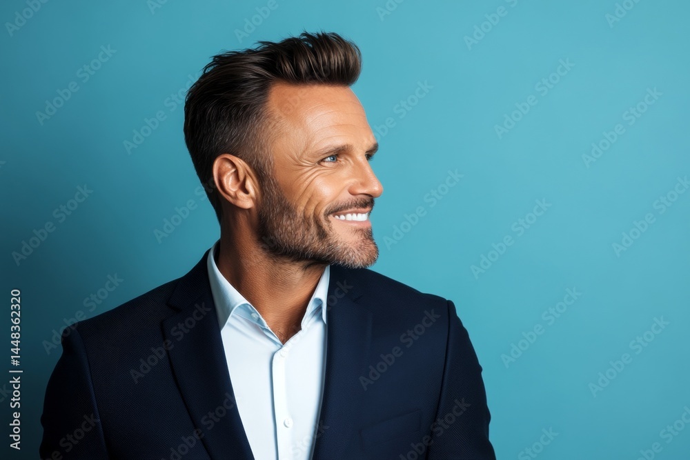 Classy men's wavy bob haircut - midlife white man with hair. Creative of style for aging men. A vibrant male with a lively and glowing personality. Blue solid background.