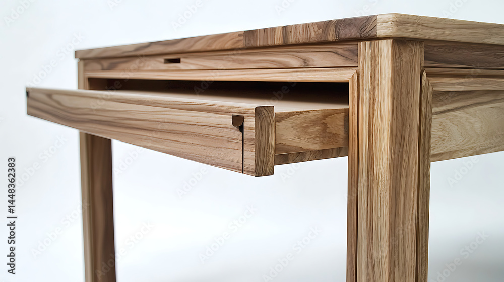 Fototapeta premium A wooden table with a drawer and a white background