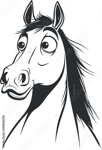 Black and white cartoon illustration of a horse head with large expressive eyes and flowing mane