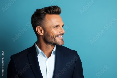 Obraz na płótnie Classy men's wavy bob haircut - midlife white man with hair. Creative of style for aging men. A vibrant male with a lively and glowing personality. Blue solid background. w salonie