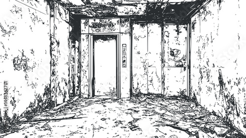 Abandoned and decayed interior room with a broken elevator door in a deteriorated building environment