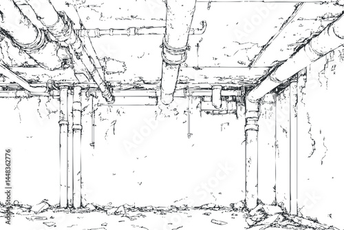 Black and white line drawing of an old basement or industrial room showing plumbing pipes and damaged walls with ceiling pipes.