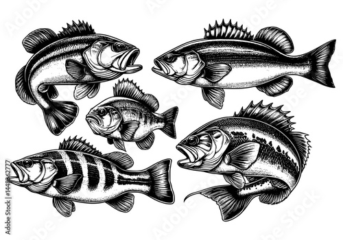 set of predator fish, bassfish lineart isolated on white