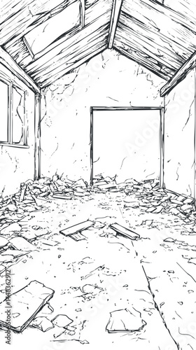 Black and white sketch of an abandoned room filled with debris and broken wooden planks, showing dilapidated walls and a cracked floor.