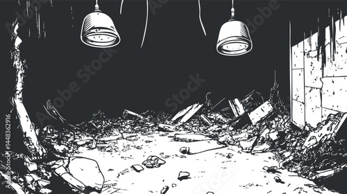 Black and white illustration of a ruined underground room with rubble debris and hanging lamps