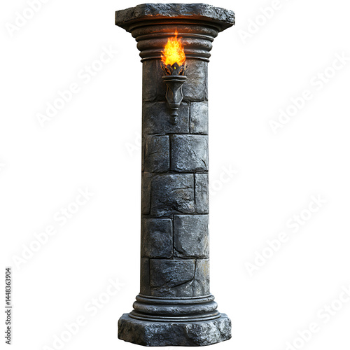 Ancient Roman pillar with decorative features. Medieval column design. Isolated on transparent PNG background. Greek architectural relics from the past. Historical antique design.