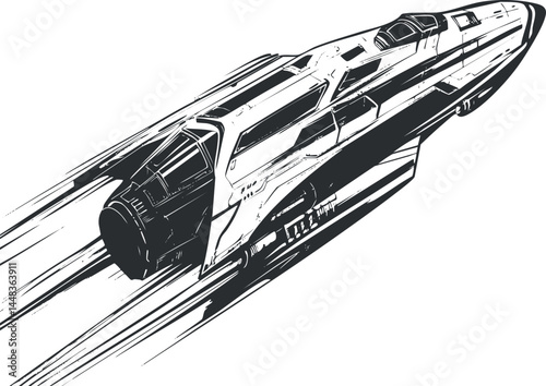 Black and white illustration of a futuristic spaceship flying fast through space with detailed design
