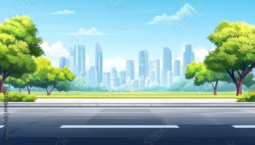 Urban park scene with city skyline. Lush green trees line a paved road leading to a grassy park area with modern skyscrapers in the background